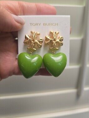 Tory Burch Gold Logo Drop Earrings with Green Heart Charms